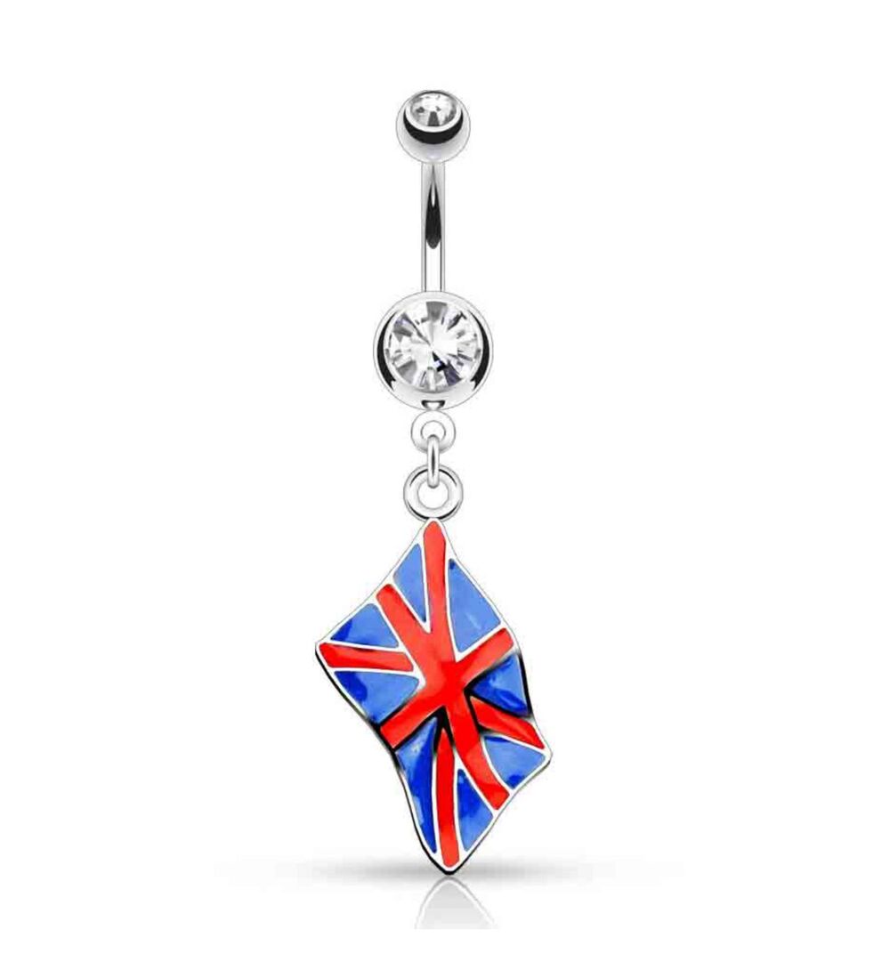 United Kingdom Flag Dangle Belly Ring – 14G 316L Surgical Steel |CZ Gem Top